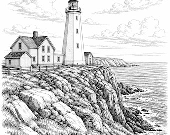 Light house on Cliff - Cape Spear - Newfoundland - PNG Laser Wood and Slate