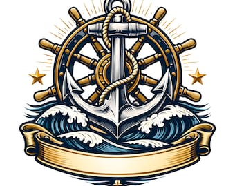 Nautical Anchor and Ship Wheel Design: Coastal Waves Artwork