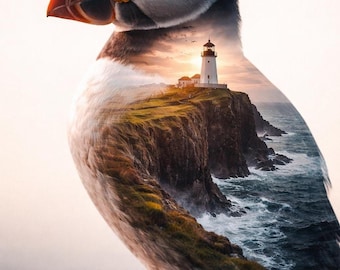 Puffin Coastal Art Print - Lighthouse Double Exposure Design