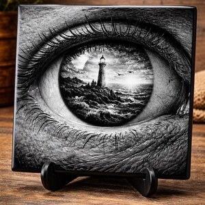 May include: Black and white square tile featuring a detailed eye with a lighthouse scene reflected in the pupil. The lighthouse stands on a rocky coast, with waves and birds visible. The tile is displayed on a black stand.