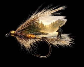 Salmon Fly Design: Tranquil River Fishing Scene - Digital Download