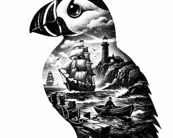 Puffin Coastal Art: Lighthouse and Ship Double Exposure