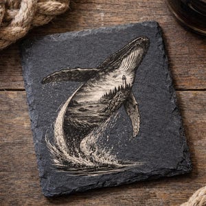 May include: A black slate coaster features a detailed illustration of a humpback whale breaching the water. The whale's body contains a landscape with a lighthouse, trees, and ocean waves. The coaster is rectangular and rests on a wooden surface.