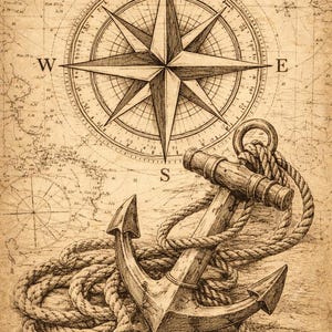 Puede incluir: Ilustración de estilo vintage con temática náutica. Presenta una rosa de los vientos, un ancla y una cuerda, sobre un fondo de mapa antiguo. La obra está realizada en tonos marrones y sepia.