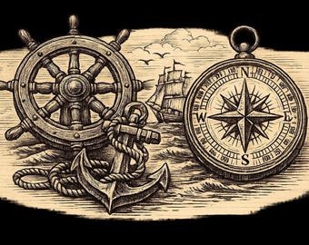 Coastal Digital Art, Compass Anchor Ship Wheel (Vintage Nautical Design)