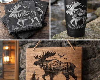 Nature Moose Engraving, Mountain and Lake Scene (Digital Download)