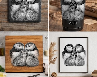 Puffin Family Digital Art: Black & White Engraving - Coastal Wildlife