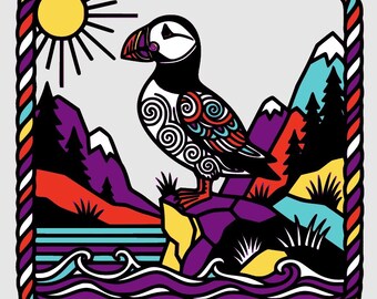 Puffin Wall Art: Coastal Scene with Ocean Waves (SVG for Laser Cutting)