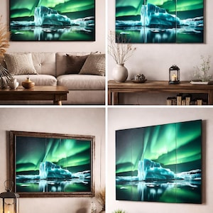 May include: A series of framed canvas art prints depicting a serene arctic landscape. The artwork showcases a luminous iceberg under a vibrant green aurora borealis reflected in the calm water. The prints are displayed in various interior settings.