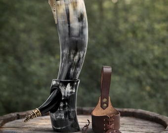 Viking Drinking Horn with Stand and Leather Belt Holder
