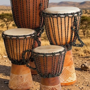 May include: Four handcrafted djembe drums with varying sizes. The drums feature light brown wooden bodies, white drumheads, and decorative carvings on the bases. Dark green and black beaded rope accents the rims. The background shows a dry, arid landscape.