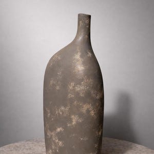 Könnte beinhalten: Eine hohe, graue Keramikvase mit schmalem Hals und rundem Körper. Die Vase hat eine strukturierte Oberfläche mit helleren, gesprenkelten Akzenten. Das Design ist minimalistisch und würde zu einem modernen Einrichtungsstil passen.