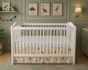 Custom Dinosaur Crib Skirt Neutral |Dino Baby Boy Bedding
