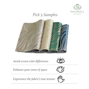 May include: A selection of five fabric samples in various colors and textures. The samples include shades of gold, green, and blue, with a textured wave pattern. The text "Pick 5 Samples" is visible. The Nestwell Studio logo is in the upper right corner.