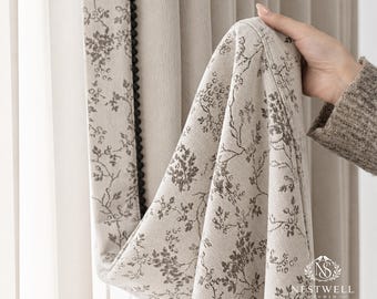 Custom Double Sided Floral Jacquard Blackout Curtains, Optional Trim