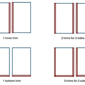K&ouml;nnte beinhalten: Diagramm mit vier verschiedenen Zierleistenkonfigurationen. Jedes Diagramm zeigt zwei wei&szlig;e Rechtecke mit blauen Umrissen und roten Zierleisten. Der Text unter jedem Diagramm gibt die Art der Zierleiste an: 1 Innenleiste, 2 Zierleisten f&uuml;r 2 Seiten, 1 untere Zierleiste und 3 Zierleisten f&uuml;r 3 Seiten.