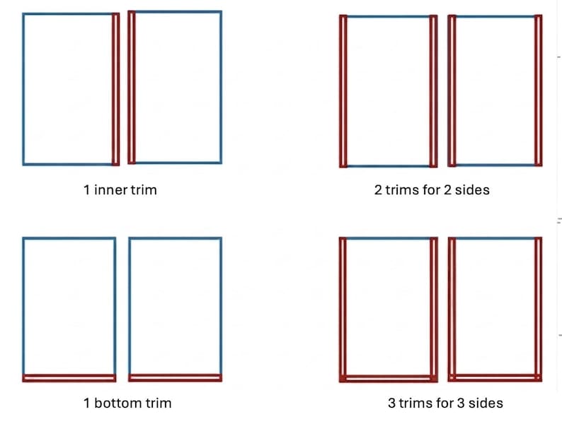 K&ouml;nnte beinhalten: Diagramm mit vier verschiedenen Zierleistenkonfigurationen. Jedes Diagramm zeigt zwei wei&szlig;e Rechtecke mit blauen Umrissen und roten Zierleisten. Der Text unter jedem Diagramm gibt die Art der Zierleiste an: 1 Innenleiste, 2 Zierleisten f&uuml;r 2 Seiten, 1 untere Zierleiste und 3 Zierleisten f&uuml;r 3 Seiten.