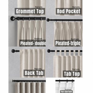 May include: A display of different curtain styles, including Grommet Top, Rod Pocket, Pleated-double, Pleated-triple, Back Tab, Tab Top, Ripple fold, and Four claw hook. Each style is labeled with text on a neutral background.