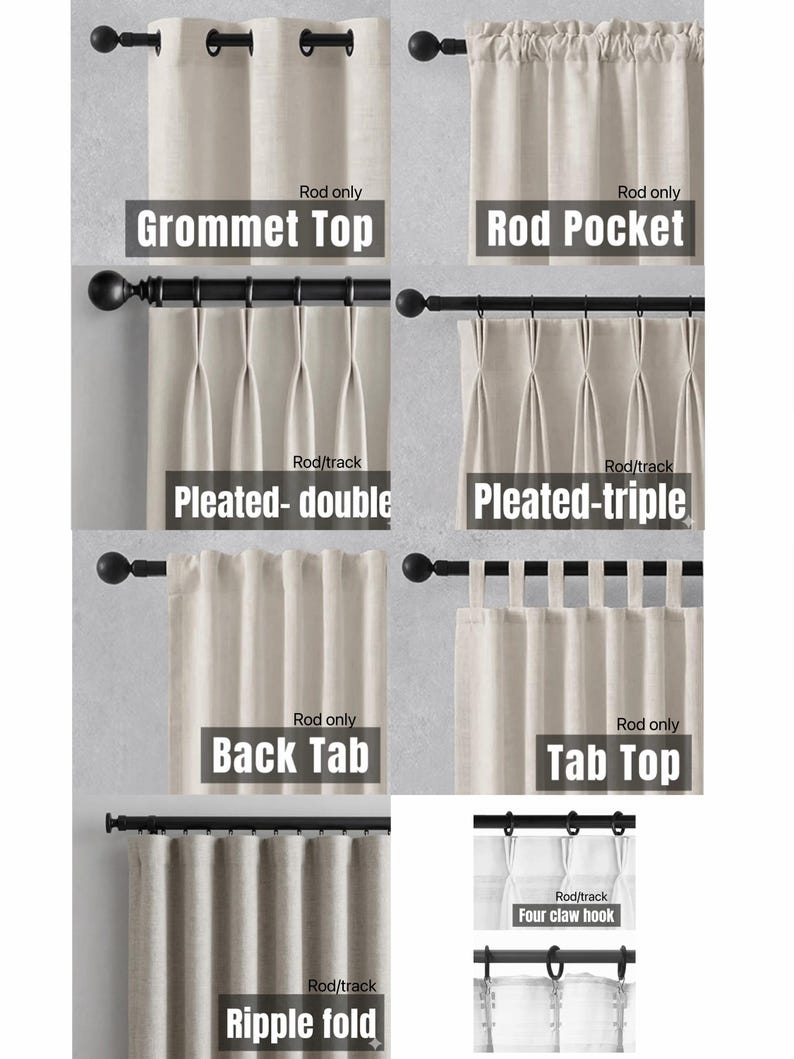 May include: A display of different curtain styles, including Grommet Top, Rod Pocket, Pleated-double, Pleated-triple, Back Tab, Tab Top, Ripple fold, and Four claw hook. Each style is labeled with text on a neutral background.