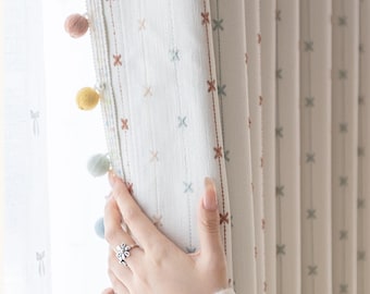 Striped Boho Nursery Curtains with Pom Pom Trim – Blackout Window Drapes