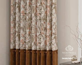 Custom Terracotta Floral Drapery Curtains, Optional Color-Block Trim