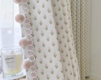 Custom Boho Pink/Blue Embroidered Tulip Nursery/Kids' Room Blackout Curtains , Optional Trim