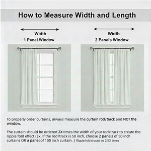 May include: Diagram illustrating how to measure for curtains. The image shows two windows with white curtains, one with a single panel and the other with two panels. Text explains to measure the curtain rod, not the window, and how to calculate curtain width.