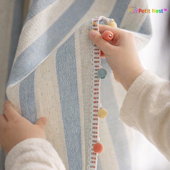 Woven Striped Boho Nursery Curtains, Baby Blue/Pink Cream (Optional Pom Pom Trim)