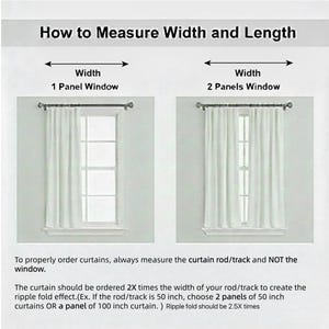 K&ouml;nnte beinhalten: Diagramm zur Messung von Gardinen. Es zeigt zwei Fenster mit wei&szlig;en Gardinen, eines mit einem einzelnen Paneel und das andere mit zwei. Der Text erkl&auml;rt, wie man die Gardinenstange und nicht das Fenster misst und wie man die Breite berechnet.