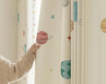Planet Print Blackout Curtains, Space Nursery Decor With Optional Pom Pom Trim