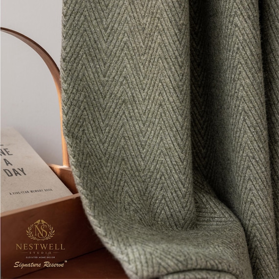 Custom Italian Style Organic Wool and Linen Herringbone Tweed Blackout Curtains