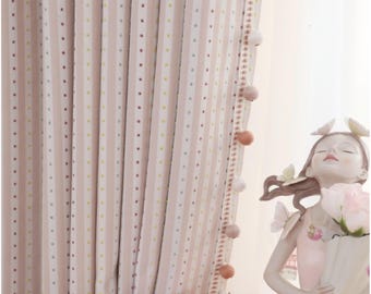 Custom Pink/Blue Striped Curtains with Pastel Colorful Dots, optional trim