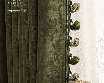 Custom Damask Floral Blackout Curtains, Optional Tassel Trim