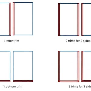May include: Diagram showing four different trim configurations. Each diagram features two white rectangles with blue outlines and red trim. The text below each diagram indicates the trim type: "1 inner trim", "2 trims for 2 sides", "1 bottom trim", and "3 trims for 3 sides".