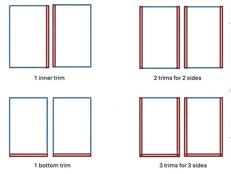 May include: Diagram showing four different trim configurations. Each diagram features two white rectangles with blue outlines and red trim. The text below each diagram indicates the trim type: "1 inner trim", "2 trims for 2 sides", "1 bottom trim", and "3 trims for 3 sides".