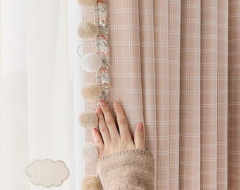 Custom Grid Boho Blackout Nursery/Kids Room Curtains, Optional Pom Pom Trim
