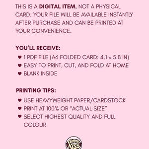May include: Pink digital item advertisement with text. The text reads: "THIS IS A DIGITAL ITEM...YOU'LL RECEIVE: 1 PDF FILE (A6 FOLDED CARD: 4.1 x 5.8 IN)...PRINTING TIPS: USE HEAVYWEIGHT PAPER/CARDSTOCK..." The Gimme Kiss logo is at the bottom.