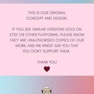 May include: A pink and blue gradient background with white text stating the original concept and design. It warns against unauthorized copies on Etsy and other platforms, ending with a thank you and a heart symbol. The Gimme Kiss logo is at the bottom.