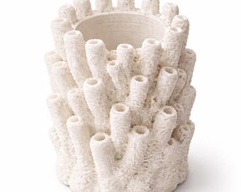 Coral Planter – Tall Minimalist Succulent Pot – Ocean Inspired Modern Decor – Textured Layer Lines – White Planter