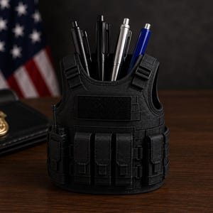 May include: A black tactical vest-shaped desk organizer featuring multiple front pouches and a central compartment holding four pens. The organizer is constructed with textured material and includes a small radio-like attachment on the side.