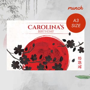 May include: A3 size print featuring a red sun design, black floral branches, and the text "CAROLINA'S BIRTHDAY." The word "munch" is in the upper right corner, and Japanese characters are on the right side.