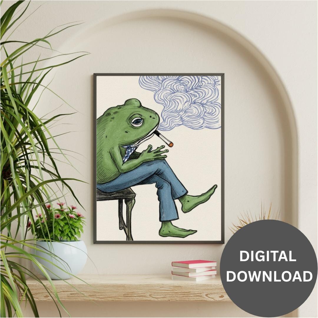 frog smoking cigarette Frog Smoking a Cigarette Vintage Poster | Quirky Frog Illustration Art |  Funny Animal Instant Download