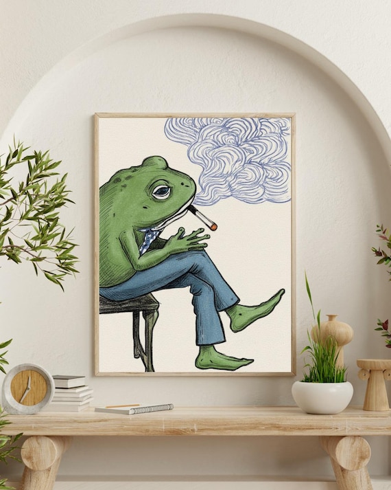 frog smoking cigarette Framed Cigar Poster Canvas Print Art Quirky Modern Art Print Wall Decor Exquisite Painting Pictures for Living Room Bedroom Apartment Home Decor (Black framed,12L X16W): Posters & Prints Retro Cigar Frog Painting Funny