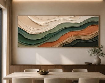 Dipinto ad olio materico, opera d'arte murale in terracotta verde salvia, paesaggio astratto organico moderno, tela realizzata a mano
