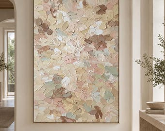 Dipinto ad olio astratto neutro, impasto beige rosato, tela testurizzata minimalista, arredamento moderno organico