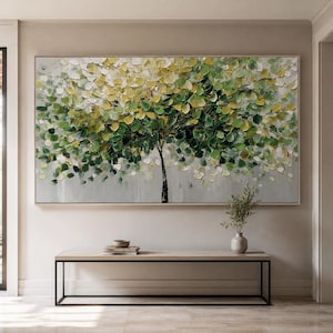 Olieverfschilderij met textuur, Groen boomlandschap, Moderne natuurkunst (canvas)