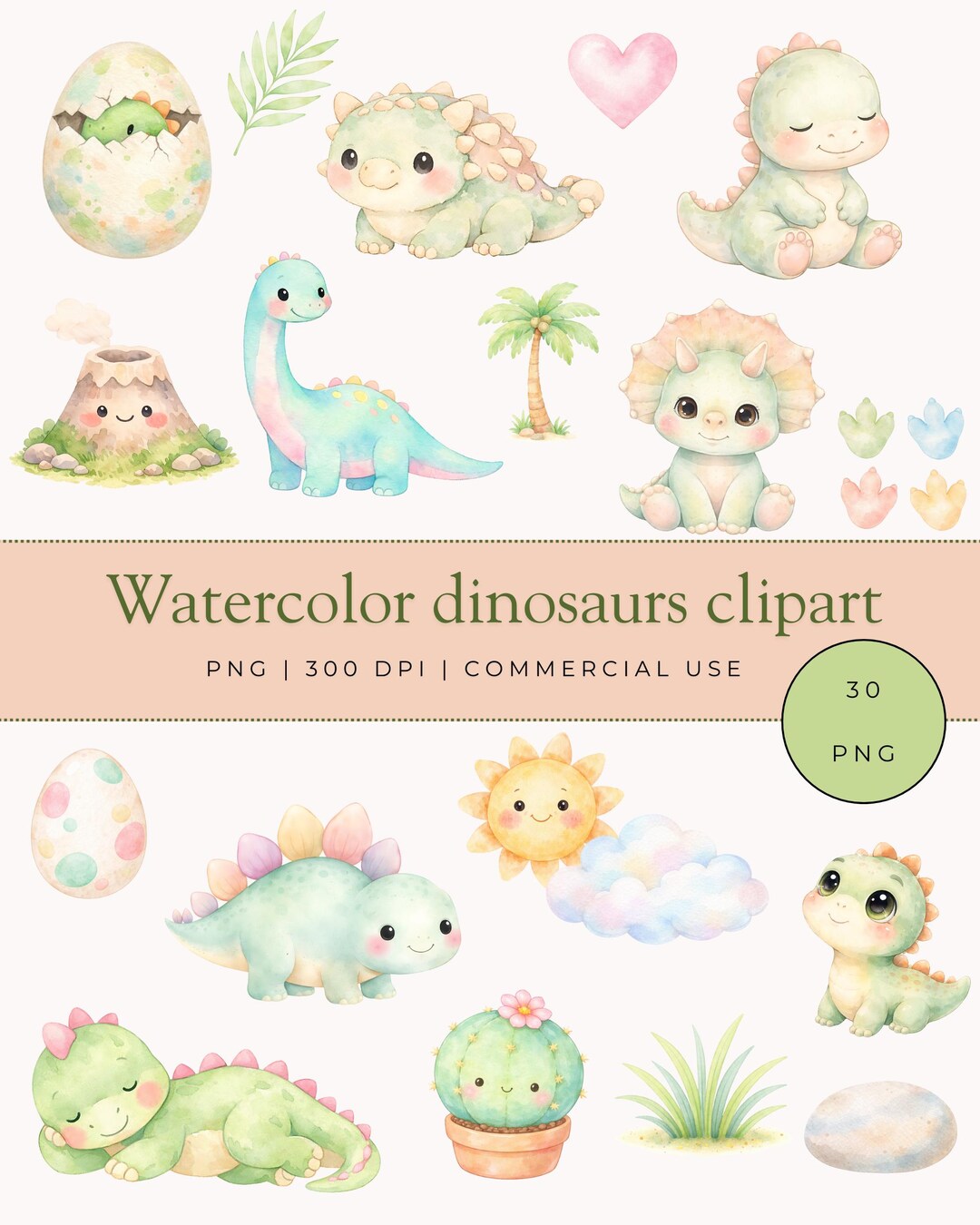 Watercolor Dinosaur Clipart Set, Nursery Decor (PNG) - Etsy