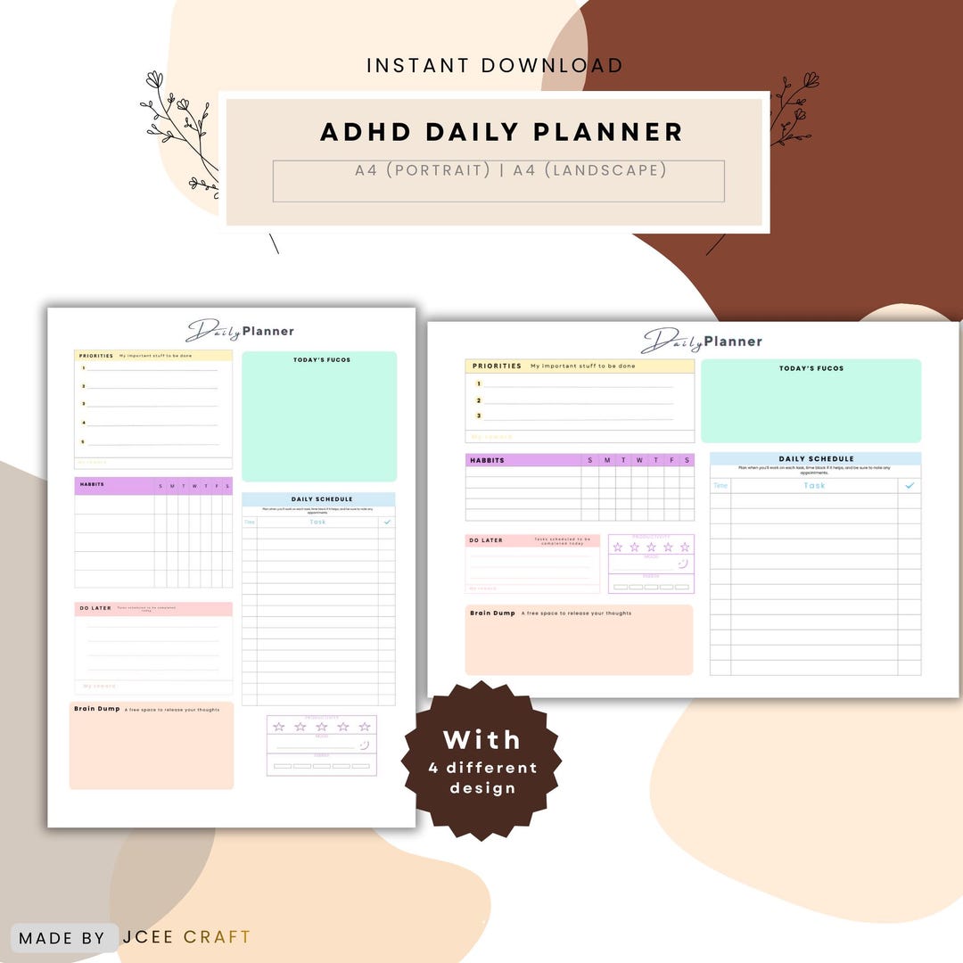 ADHD Daily Planner | Focus & Productivity, A4 Portrait/landscape ...