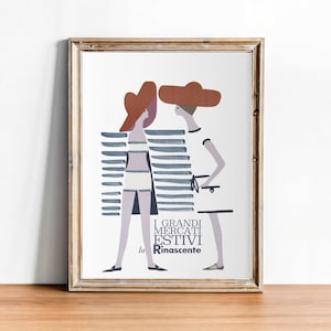 May include: Framed vintage poster with two figures wearing large hats. One figure is in a striped outfit, the other in a white dress. The poster has Italian text: "I GRANDI MERCATI ESTIVI la Rinascente."