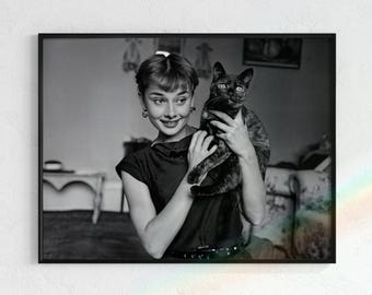 Audrey Hepburn with Cat | Horizontal Black and White Photograph
